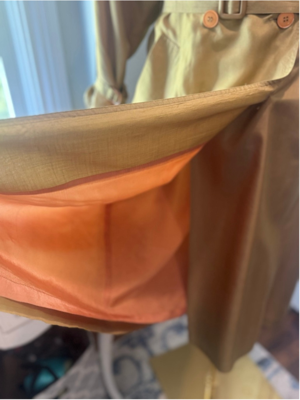 Vintage Silk Trench Coat Gold Bronze olive Iridescent Belted Duster Women’s L - Picture 9 of 16
